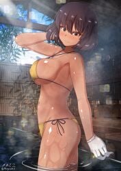 1girls aquaegg arm_behind_head bath bikini black_hair blush breasts closed_mouth covered_erect_nipples female from_side girls_und_panzer gloves green_eyes hi_res hoshino_(girls_und_panzer) indoors large_breasts looking_at_viewer navel short_hair side-tie_bikini_bottom sideboob smile solo swimsuit white_gloves yellow_bikini