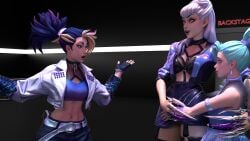 3d 3d_(artwork) abs akali_jhomen_tethi blender blender_(software) blender_cycles blonde_hair blue_hair erevos evelynn hugging image_set k/da_all_out_akali k/da_all_out_evelynn k/da_all_out_seraphine k/da_all_out_series league_of_legends seraphine_(league_of_legends) surprised teal_hair textless_version two_tone_hair white_hair yellow_eyes