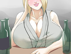 1girls alcohol big_breasts blonde_hair blush breast_focus breasts_on_table cleavage drunk female female_only head_out_of_frame huge_breasts long_hair mature_female milf naruto shinimi_(nishimiya_shirone) smile solo solo_female solo_focus tsunade