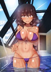 andou_(girls_und_panzer) aquaegg bikini black_hair blush breasts brown_eyes cleavage collarbone female girls_und_panzer highres indoors large_breasts looking_at_viewer navel open_mouth pool purple_bikini rei_no_pool short_hair side-tie_bikini_bottom solo swimsuit