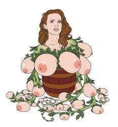 breasts brown_eyes brown_hair female hayley_atwell inanimate_transformation looking_at_viewer marvel multi_breast peggy_carter plant_girl solo solo_focus tittydispenser transformation unusual_anatomy weird