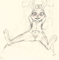 anthro bed blush body_writing bondage bound breasts chest_tuft disney female flat_chest fuchs fur furniture genitals judy_hopps lagomorph leporid looking_at_viewer mammal navel nipples nude on_bed pussy rabbit reclining solo tuft zootopia