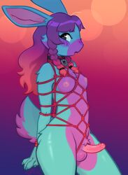 2024 anthro anthro_only areola balls biped blush blush_lines bondage bound braided_hair breasts claws collar_ring erection fetch_(fetchbunny) futa_only futanari genitals glans grey_body gynomorph hair humanoid_genitalia humanoid_penis intersex lagomorph leporid looking_at_viewer mammal multicolored_body navel nipples nude open_mouth penis pink_body pink_hair rabbit restraints rope rope_bondage rope_harness scut_tail short_tail side_view simple_background small_breasts small_penis solo solo_futa somik standing tail two_tone_body