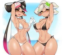 +_+ 2girls absurdres arm_up armpits bikini black_bikini black_hair blue_sky border breasts callie_(splatoon) cameltoe cleft_of_venus collarbone cowboy_shot day gloves gradient_border gradient_hair green_hair grey_hair hair_ornament highres holding_hands large_breasts long_hair looking_at_viewer marie_(splatoon) mole mole_under_eye multicolored_hair multiple_girls navel nintendo ocean open_mouth parted_bangs pink_hair pointy_ears shnibbles short_hair side-tie_bikini_bottom sky smile splatoon splatoon_(series) splatoon_1 standing steam sweat swimsuit tan tentacle_hair thick_eyebrows water white_bikini white_border white_gloves yellow_eyes