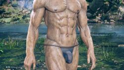 1boy 1human 1male 3d 3d_(artwork) 3d_model abs bandai_namco bara bara_tiddies bara_tits bodyguard flaccid flaccid_cock flaccid_penis male_only mesh_underwear muscles pecs shaheen sweaty_body tan-skinned_male tan_skin tekken tekken_8 veiny_muscles yakushima