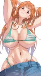 1girls athletic_female bikini blush brown_eyes cleavage female female_only fit_female hands_behind_head huge_breasts jeans long_hair looking_at_viewer lucifsys nami one_piece orange_hair posing post-timeskip striped_bikini sweat voluptuous