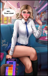 aroma_sensei birthday blonde_hair blush clothing dark-skinned_male dialogue erect_nipples erect_nipples_under_clothes eyebrow_piercing female gwen_stacy ice_cream male marvel miles_morales nipple_bulge nipples nipples_visible_through_clothing pokies public public_vibrator remote_control_vibrator skirt spider-man:_into_the_spider-verse spider-man_(series) straight tagme trembling vein veins veiny_hans vibrator vibrator_under_clothes