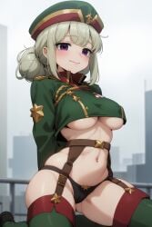 ai_generated araga_kiwi arms_behind_back bangs belt black_panties blush breasts closed_mouth cowboy_shot double_bun female garter_belt garter_straps green_headwear green_jacket green_thighhighs grey_hair hair_bun hat highres kneeling large_breasts leopard_(mahou_shoujo_ni_akogarete) long_sleeves looking_at_viewer mahou_shoujo_ni_akogarete midriff military military_uniform navel outdoors panties purple_eyes self-upload smile solo solo_focus stomach thighhighs thighs underboob underwear uniform wombat9043