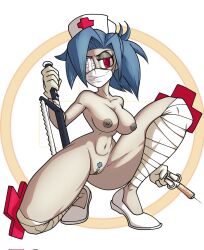 2021 bandage bandaged_eye bandaged_leg blue_hair breasts female female_focus female_only flats gray_body grey_body grey_skin hacksaw mask masked masked_female mexicanjoe nipples nurse_cap pubic_hair pussy red_eyes saw short_hair skullgirls syringe thick_thighs thighs tied_hair valentine_(skullgirls) white_background