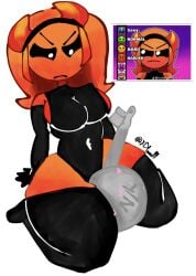 angry_face black_thighhighs blush breasts geometry_dash harder_(geometry_dash) lobotomy_(geometry_dash) red_body red_hair sitting_on_person thick_thighs thighs thumbs_up white_pupils y/n