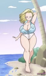 1girls android_18 beach big_breasts blonde_hair blue_hair cleavage dragon_ball dragon_ball_z earrings eyebrows female female_only large_breasts looking_at_viewer milf riffsandskulls solo solo_female solo_focus thick_thighs thighs wide_hips