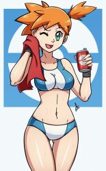 bare_midriff bare_shoulders bellybutton bikini_bottom bikini_top casual energy_drink female fit fit_female green_eyes hair_tie kasumi_(pokemon) looking_at_viewer midriff misty_(pokemon) navel nintendo one_eye_closed open_mouth orange_hair pokemon red_towel short_hair side_ponytail smile soda_can solo standing sweat sweatdrop sweaty tagme thighs towel wrist_cuffs wristband