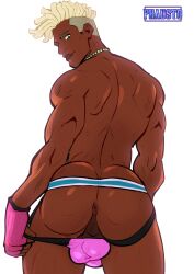 1boy african_male bara big_ass brown_skin dark-skinned_male dark_male_only dark_skin dimensional_soldiers_g dreadlocks gloves green_eyes hole_(anatomy) jockstrap jockstrap_down jockstrap_only kyle_(dsg) looking_at_viewer male male_focus male_only melanin muscles muscular muscular_arms muscular_back muscular_male necklace phausto pink_gloves pink_jockstrap pink_underwear presenting_anus presenting_ass thick_thighs underwear very_dark_skin white_hair yaoi