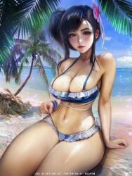 beach bikini breasts cleavage emerald_weapon_(artist) female female_only final_fantasy final_fantasy_vii final_fantasy_vii_rebirth final_fantasy_vii_remake flower_in_hair large_breasts sand sea sitting smile solo swimsuit tifa_lockhart water