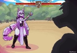 animated anthro battle bodily_fluids boots breasts cleavage clothed clothed_female clothing cum cum_covered cum_inside digital_media_(artwork) duel duo felid female fighting_pose footwear fur gameplay_mechanics genital_fluids genitals gui hair health_bar loop magic_user male male/female mammal mana_bar messy nude nude_female pink_nose pixel_(artwork) pixel_animation pose rennmoose shoes tail vulva white_body white_fur white_hair