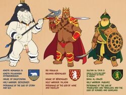 absurd_res accessory anthro anthro_only armor barbarian barefoot bear beard belt belt_buckle berserker blonde_beard blonde_eyebrows blonde_hair bodily_fluids body_hair braided_beard briefs brown_bear brown_beard brown_body brown_eyebrows brown_fur brown_hair bulge cape cetacean character_name clothed clothing coat_of_arms cock_ring crown daneaxe dolphin dripping eyebrows facial_hair feet fleur-de-lis foreskin fur fur_trim_(clothing) gem genital_fluids genital_piercing genitals greataxe green_eyes group hair hand_on_hip happy_trail harness headgear headwear helmet hi_res holding_object holding_shield holding_sword holding_weapon humanoid_feet humanoid_genitalia humanoid_hands jewelry king_regulus knight laminar_armor long_hair male male_only mammal marine melee_weapon nipple_piercing nipples oceanic_dolphin orca pawpads penis penis_accessory penis_jewelry penis_piercing piercing plantigrade plate_armor polar_bear precum precum_drip prince_albert_piercing quasarbearcat red_eyes religious_clothing religious_headwear ring sash scimitar shadowed_eyes shield shin_guards shoulder_armor simple_background size_difference skimpy standing straps straps_across_chest sword sword_on_shoulder syrian_bear tassels text toothed_whale trio turban unconvincing_armor underwear ursine vambrace warrior weapon white_beard white_body white_fur yellow_eyes