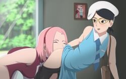 2girls adult age_difference alternate_costume alternate_hairstyle ass bent_over beret black_hair blush boruto:_naruto_next_generations clothed_sex cunnilingus dress dress_lift eating_ass female female_only glasses handbag happy_sex incest indoors moaning mother_and_daughter multiple_girls naruto naruto_(series) necktie older_woman_and_younger_girl optimystic oral oral_sex pants pants_down petite pink_hair ponytail purse sakura_haruno sarada_uchiha teenager young younger_female yuri