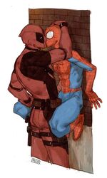 2boys against_wall brick_wall clothed deadpool fully_clothed gay hand_on_head hand_on_thigh kissing male male_only marvel mask masked outdoors peter_parker smooth_skin somilk spandex spider-man spider-man_(series) superhero wade_wilson yaoi