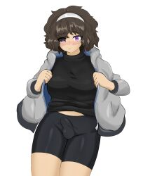 1futa bakudon balls breasts brown_hair bulge clothed clothing fully_clothed futa_only futanari hairband human jacket light-skinned_futanari light_skin merina_(bakudon) original_character penis short_hair solo spats standing thick_thighs thighs