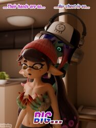 3d acht_(splatoon) beanie black_sclera blender breast_grab breasts callie_(splatoon) couple dedf1sh dialogue earrings green_skin hat headgear headphones headwear hi_res highres inkling inkling_girl inkloving mole sanitized_octoling splatoon squid_sisters tagme tentacle_hair turquoise_eyes yellow_eyes