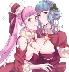 2girls absurdres alternate_costume blue_hair breasts brown_eyes christmas cleavage dress female female_only fire_emblem fire_emblem:_three_houses fire_emblem_heroes fur-trimmed_headwear fur_collar fur_trim hat highres hilda_valentine_goneril hilda_valentine_goneril_(winter) large_breasts marianne_von_edmund multiple_girls nintendo official_alternate_costume pink_eyes pink_hair red_dress santa_costume santa_hat sou_mei