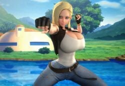 1girls 3d 3d_(artwork) alternate_ass_size alternate_breast_size android_18 ass belt big_ass big_breasts blonde_hair blue_eyes breasts breasts_bigger_than_head cleavage clothed clothed_female dragon_ball dragon_ball_z female female_only female_solo fingerless_gloves gigantic_breasts gloves hips hourglass_figure huge_breasts jeans large_ass large_breasts looking_at_viewer necklace pearl_necklace slim_waist small_waist solo solo_female thin_waist vaako wasp_waist wide_hips