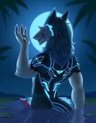 4_fingers anthro bioluminescence bodily_fluids claws cum cum_on_face fingers genital_fluids genitals glowing glowing_tattoo hi_res huslion leaf light lily_pad male male_only moonlight nude outside penis plant precum sergal solo tattoo water