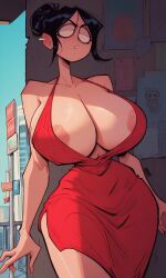 1girls ai_generated areola areola_slip areolae behind_wall black_hair earring first_porn_of_character hair_bun huge_breasts kosine1777 kosineverse nipples original original_character red_dress shizue_(kosine1777) valbun_style wall