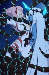 001_(darling_in_the_franxx) 10s 2girls absurdly_long_hair bad_id bad_pixiv_id blood blue_skin bodysuit breasts clenched_teeth closed_eyes colored_skin darling_in_the_franxx grabbing_another's_hair groping hand_on_another's_stomach highres horns incest long_hair medium_breasts merunyaa monster_girl multiple_girls nipples nosebleed oni_horns pink_hair restrained smile teeth tentacle tentacle_hair torn_bodysuit torn_clothes very_long_hair white_hair yuri zero_two_(darling_in_the_franxx)