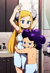 ai_generated alfort arms_raised bathroom boku_no_hero_academia drying horns hugging male/female minoru_mineta my_hero_academia pony_tsunotori standing straight towel towel_only tsunotori_pony