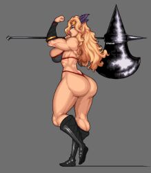 1girls amazon_(dragon's_crown) armor armwear ass axe big_ass big_breasts bikini_armor blonde_hair blue_eyes boots breasts dragon's_crown emadart female female_only footwear full_body hair hair_ornament holding_weapon huge_breasts legs lips long_hair muscular muscular_female pixel_art sideboob skimpy skimpy_armor solo solo_female thighs