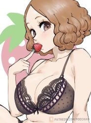 belly_button big_breasts blush bra breast_squeeze breast_squish brown_hair curly_hair eating fluffy haru_okumura looking_at_viewer persona persona_5 poechan purple_eyes short_hair slim_waist strawberry teenager underwear