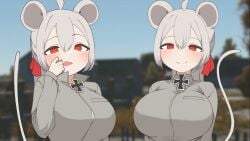 2girls big_breasts daebom huge_breasts iron_cross looking_down maus mouse_ears mouse_tail personification red_eyes smug_face tank war_thunder youtube