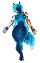 absurd_res android anonymous_artist anthro breasts canid canine cybernetics cyborg female frostflake genitals glowing glowing_body glowing_genitalia hi_res machine mammal nipples nude onyx_flake_(frostflake) robot robot_anthro simple_background solo