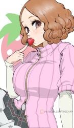 big_breasts blush breast_squeeze breast_squish brown_hair curly_hair eating fluffy haru_okumura long_sleeves looking_at_viewer persona persona_5 poechan purple_eyes short_hair slim_waist strawberry sweater teenager