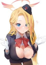 ? ?? absurdres after_paizuri allied_hyakkiyako_academy_student black_headwear black_suit blonde_hair blue_archive blue_eyes blush breasts choker clothes_pull cum cum_on_body cum_on_breasts female festival_operations_department_(blue_archive) garrison_cap gloves halo hat highres large_breasts long_hair long_sleeves looking_at_viewer oerba_yun_fang official_alternate_costume pantyhose pina_(blue_archive) pina_(guide)_(blue_archive) red_ribbon ribbon shirt shirt_pull simple_background smile suit white_background white_gloves white_shirt yanyo_(ogino_atsuki)