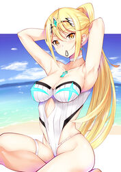 1girl 1girls 
 absurd_res absurdres adapted_costume armpits arms_above_head arms_up bangs bare_arms bare_hips bare_legs bare_shoulders beach blonde_hair blue_sky blush breasts casual_one-piece_swimsuit cleavage closed_mouth cloud collarbone commentary_request daive day earrings female_focus gem green_gemstone hair_between_eyes hair_tie high_ponytail highleg highleg_swimsuit highres hikari_(xenoblade_2) jewelry large_breasts long_hair looking_at_viewer matching_hair/eyes mouth_hold mythra mythra_(radiant_beach)_(xenoblade) mythra_(xenoblade) nintendo ocean one-piece_swimsuit orange_eyes outdoors ponytail sidelocks sitting skindentation sky solo straight_hair strapless strapless_swimsuit striped striped_one-piece_swimsuit swimsuit thigh_strap thighs tiara tying_hair vertical-striped_swimsuit vertical_stripes very_long_hair water white_one-piece_swimsuit xenoblade_(series) xenoblade_chronicles_(series) xenoblade_chronicles_2