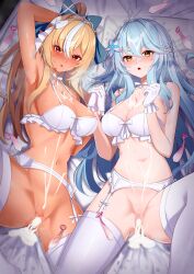 2girls absurdres after_sex after_vaginal ahoge armpits bare_shoulders blonde_hair blue_hair blush bow breasts censored cleavage colored_tips cum cum_in_pussy cum_on_body cum_on_breasts cum_on_hair cum_overflow dark-skinned_female dark_skin elf flower garter_straps gloves hair_between_eyes hair_flower hair_ornament hairbow heart heart_ahoge highres holding_hands hololive hololive_fantasy hololive_gen_5 hololive_japan interlocked_fingers large_breasts long_hair looking_at_viewer lying meremere0396 mosaic_censoring multicolored_hair multiple_girls navel on_back open_mouth pointy_ears ponytail red_eyes shiranui_flare spread_legs streaked_hair sweat thighhighs virtual_youtuber white_garter_straps white_gloves white_hair white_thighhighs yellow_eyes yukihana_lamy