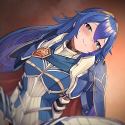 1girls absurdres alternate_costume armor black_panties blue_eyes blue_hair blush cape closed_mouth female female_only fire_emblem fire_emblem_awakening fire_emblem_heroes highres knight long_hair lucina_(fate's_resolve)_(fire_emblem) lucina_(fire_emblem) official_alternate_costume orange_background paid_reward_available panties r-man red_cape sex smile solo sweat tiara underwear