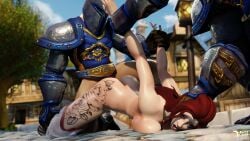 1girls 2boys 2boys1girl 3d andrea_dawn arms_behind_back arms_restrained big_ass high_heels human_(world_of_warcraft) pinned_to_ground pleasured_face spread_legs squished_breasts thighhighs tongue_out vaginal_penetration vellektra world_of_warcraft