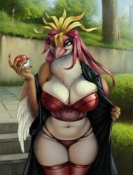 1girls anthro anthrofied beak belly_button big_breasts big_hips big_thighs black_coat bustier busty coat detailed_background female_only front_view generation_1_pokemon holding_object holding_poke_ball legwear lingerie long_hair looking_at_viewer midriff multicolored_hair neck_tuft no_pants one_eye_closed outdoors outside panties pantsless pidgeot plant pokeball pokemon pokemon_(species) pokemorph red_eyes red_lingerie red_underwear ronff smile solo solo_female stairs standing stockings thighhighs three-quarter_portrait tree underwear undressing white_body winged_arms