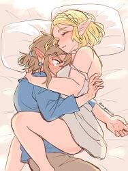 1boy 1boy1girl 1girls aorin blonde_hair blush cuddling elf elf_ears elf_girl face_on_breast female flustered hugging intimate legs_around_partner link link_(tears_of_the_kingdom) lying_on_side male princess_zelda shoulderless_shirt sleeping sleeveless_shirt tears_of_the_kingdom the_legend_of_zelda thick_thighs zelda_(tears_of_the_kingdom)