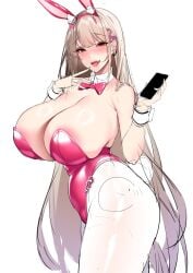 absurdres animal_ears blonde_hair blush bow bowtie breasts cellphone chixiao commentary cowboy_shot detached_collar fake_animal_ears fake_tail female goddess_of_victory:_nikke highres holding holding_phone huge_breasts leotard long_hair looking_at_viewer looking_to_the_side open_mouth pantyhose phone pink_bow pink_bowtie pink_leotard playboy_bunny rabbit_ears rabbit_tail red_eyes simple_background smartphone solo strapless strapless_leotard tail very_long_hair viper_(nikke) viper_(toxic_rabbit)_(nikke) white_background white_pantyhose wrist_cuffs