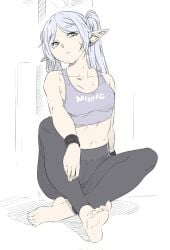 1girls after_workout barefoot belly_button elf elf_ears elf_female feet female female_only frieren green_eyes leggings long_hair looking_at_viewer mangpoom petite petite_body petite_female sitting_down sitting_on_floor slim_waist small_breasts solo sousou_no_frieren sports_bra sportswear sweat tied_hair wet_body wet_skin white_hair yoga_pants