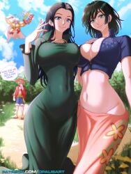 2024 2boys 2girls adult_female belly big_breasts black_hair blue_eyes breasts cleavage clothed clothes_swap clothing color cosplay crossover day daytime dress female female_focus fubuki_(one-punch_man) fubuki_(one-punch_man)_(cosplay) green_dress green_eyes green_hair hi_res highres hourglass_figure huge_breasts inner_sideboob jewelry large_breasts light-skinned_female light_skin long_hair looking_at_viewer male male/female monkey_d_luffy monkey_d_luffy_(cosplay) multiple_boys multiple_girls necklace nico_robin nico_robin_(cosplay) one-punch_man one_piece opalisart outside patreon patreon_username post-timeskip saitama saitama_(cosplay) sarong short_hair shounen_jump thick_thighs wide_hips