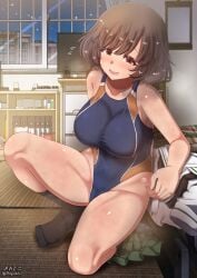 akiyama_yukari aquaegg blue_mizugi blue_one-piece_swimsuit blush breasts brown_eyes brown_hair cameltoe female girls_und_panzer highres indoors large_breasts looking_at_viewer mizugi one-piece_swimsuit open_mouth short_hair smile solo swimsuit