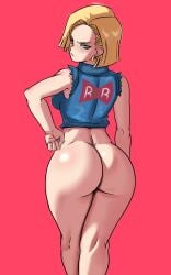 1girls absurdres android android_18 ass big_ass blonde_hair blue_eyes blush bob_cut bottomless breasts dat_ass denim denim_jacket dragon_ball dragon_ball_z earrings embarrassed feet_out_of_frame female female_focus gradient_background hand_on_own_hip highres hoop_earrings jacket jewelry large_breasts legs light-skinned_female looking_back medium_hair no_panties pink_background red_background shiny_skin simple_background solo standing thighs v-shaped_eyebrows