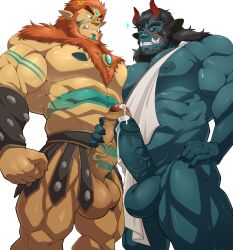 2boys abs absurdres ancient_greek_clothes animal_ears anthro anthro_only bara beard black_hair black_sclera body_fur body_markings body_modification chest_jewel colored_sclera colored_skin couple cow_ears cyborc_(retrosharkspike) cyborg dark-skinned_male dark_skin demon_boy demon_horns eye_contact facial_hair feet_out_of_frame foreskin full_beard gay girthy_penis gradient_horns greco-roman_clothes green_skin highres horns interracial large_pectorals large_penis large_testicles looking_at_another maldu male_focus mature_male monster_boy multicolored_horns multiple_boys muscular muscular_male nipples orange_fur orc original pectoral_docking pectoral_press pectorals penis penis_size_difference penises_touching precum precum_drip red_horns scar scar_on_face scar_on_nose short_hair skin-covered_horns standing strongman_waist testicles thick_beard thick_eyebrows thick_thighs thighs tusks uncensored vitri_(retrosharkspike)
