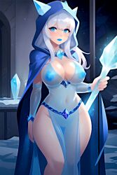 1girls ai_generated big_breasts blue_eyes blue_lipstick blue_nipples breasts cloak crystal female female_only glowing_crystal holding_staff hood hood_up ice jfxjxf long_hair looking_at_viewer magic_staff magician nipples_visible_through_clothing no_bra no_panties snow temple transparent_clothing white_hair