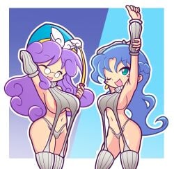 2girls accord_sensei ass big_ass big_breasts blue_hair breasts closed_eyes exposed_nipples furii_(artist) glasses green_eyes huge_breasts large_breasts long_hair multiple_girls one_eye_closed purple_hair puyo_puyo rulue thick_thighs thighs virgin_killer_sweater wink